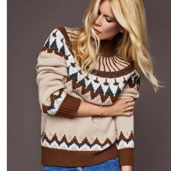Claudia Schiffer + Frame Merino Wool Fair Isle Turtleneck Sweater NWT - Picture 1 of 15